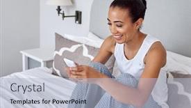  Presentation with weekend - Colorful presentation design enhanced with happy cheerful woman using mobile phone relaxing in bedroom on weekend backdrop and a light blue colored foreground