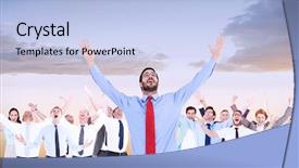  Presentation with blue orange - Colorful presentation theme enhanced with happy cheering businessman raising his arms against beautiful orange and blue sky backdrop and a light blue colored foreground