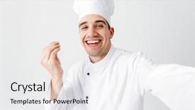  Presentation with cook chef - Amazing PPT theme having happy chef cook wearing uniform backdrop and a white colored foreground