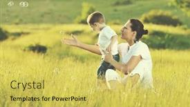  Presentation with bubble - Theme having happy child and woman outdoor playing with soap bubble on meadow background and a yellow colored foreground