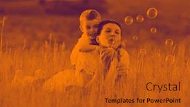  Presentation with duo - PPT theme consisting of happy child and woman outdoor playing with soap bubble on meadow duo tone background and a crimson colored foreground