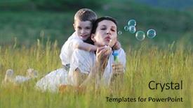  Presentation with woman child - Cool new presentation with happy child and woman outdoor playing with soap bubble on meadow backdrop and a gold colored foreground