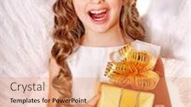 Presentation with angel - PPT theme with happy child at angel costume holding gift box background and a coral colored foreground