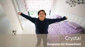  Presentation with bedroom modern - Slides featuring happy-child-at-new-modern background and a coral colored foreground