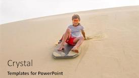  Presentation with sand dunes - Amazing PPT layouts having happy child boy sliding a board on sand dunes family fun backdrop and a coral colored foreground
