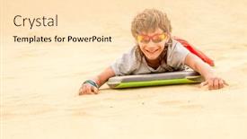  Presentation with sand dunes - Colorful PPT theme enhanced with happy child boy sliding a board on sand dunes family fun backdrop and a lemonade colored foreground