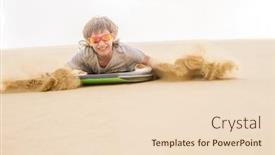  Presentation with sand dunes - Slides enhanced with happy child boy sliding a board on sand dunes family fun background and a lemonade colored foreground