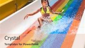  Presentation with water park - PPT theme consisting of happy child girl in yellow bikini sliding water park background and a coral colored foreground