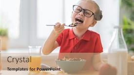  Presentation with breakfast cereal - Colorful PPT theme enhanced with happy-child-having-breakfast-kid backdrop and a coral colored foreground