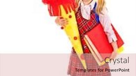  Presentation with child girl reading a book - Cool new slides with happy child holding book and school cone isolated backdrop and a coral colored foreground