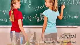  Presentation with table chemistry - Colorful presentation theme enhanced with happy child holding flask in chemistry class focus on table backdrop and a coral colored foreground