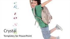  Presentation with child jumping to tree - Theme featuring happy child jumping with backpack background and a  colored foreground