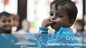  Presentation with play kids - Presentation theme having happy child kids group have fun and play at kindergarden indoor preschool education concept with teacher background and a teal colored foreground