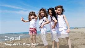  Presentation with play kids - Beautiful presentation featuring happy child kids have fun and play games on beach backdrop and a coral colored foreground