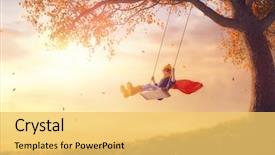  Presentation with child superhero - PPT layouts featuring happy child on swing in sunset fall little kid playing in the autumn on the nature walk girl in superhero costume background and a yellow colored foreground