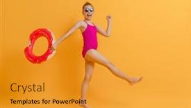  Presentation with swimming - Colorful PPT theme enhanced with happy-child-wearing-swimsuit-girl backdrop and a gold colored foreground