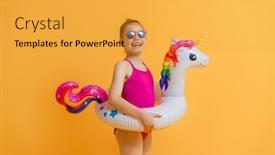  Presentation with unicorn girl - Slide deck with happy-child-wearing-swimsuit-girl background and a yellow colored foreground