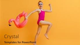  Presentation with flamingo - Slide deck having happy-child-wearing-swimsuit-girl background and a gold colored foreground