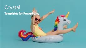  Presentation with unicorn - Slides enhanced with happy-child-wearing-swimsuit-girl background and a teal colored foreground