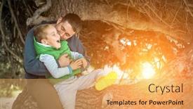  Presentation with family tree - Beautiful presentation featuring happy childhood father and son sit on the tree under sun light in autumn sunny day family vacations backdrop and a yellow colored foreground