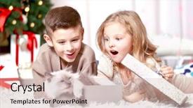  Presentation with box - Slide deck having happy children and fluffy cat background and a soft green colored foreground