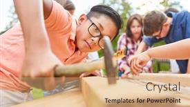  Presentation with workshop tools - Cool new theme with happy-children-building-and-handicrafts backdrop and a coral colored foreground