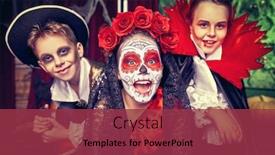  Presentation with celebrate - PPT theme with happy children celebrate halloween on a party with old castle decorations halloween background and a red colored foreground