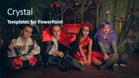  Presentation with celebrate - Slide deck enhanced with happy children celebrate halloween on a party with old castle decorations halloween background and a wine colored foreground