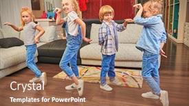  Presentation with living room family - Presentation theme having happy-children-dancing-together background and a coral colored foreground