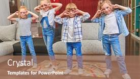  Presentation with living room family - PPT theme consisting of happy-children-dancing-together background and a coral colored foreground