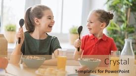  Presentation with breakfast children - Beautiful presentation design featuring happy-children-having-breakfast-kids backdrop and a coral colored foreground