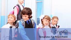  Presentation with school children - Audience pleasing PPT theme consisting of happy-children-in-a-class backdrop and a light blue colored foreground