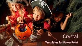  Presentation with old house - Beautiful PPT layouts featuring happy children in carnival costumes trick or treating with pumpkin basket in the old wooden house halloween party backdrop and a tawny brown colored foreground