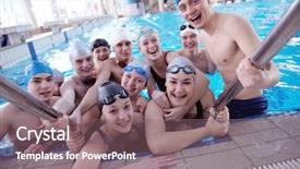  Presentation with swim - Presentation design featuring happy children kids group at swimming pool class learning to swim background and a violet colored foreground