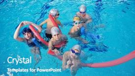  Presentation with swim - Cool new slide deck with happy children kids group at swimming pool class learning to swim backdrop and a teal colored foreground