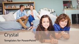  Presentation with children parents - PPT layouts enhanced with happy children lying on carpet background and a soft green colored foreground