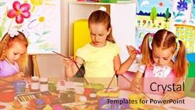  Presentation with children painting - Presentation design having happy children painting at school background and a  colored foreground