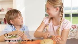  Presentation with vegetables - PPT theme featuring helping others - happy children peeling vegetables background and a coral colored foreground