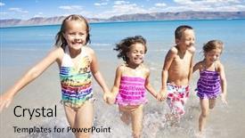  Presentation with children little child girl plays - Audience pleasing presentation theme consisting of happy children playing and splashing backdrop and a soft green colored foreground