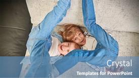  Presentation with living room family - Beautiful PPT layouts featuring happy-children-playing-together backdrop and a teal colored foreground