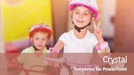  Presentation with sports children - Theme with happy children racing on bicycles background and a coral colored foreground