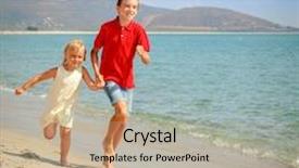  Presentation with children running - Beautiful PPT layouts featuring happy children running along a beach backdrop and a mint green colored foreground