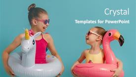  Presentation with flamingo - Colorful presentation theme enhanced with happy-children-wearing-swimsuit-girls backdrop and a teal colored foreground