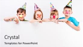  Presentation with happy holiday - PPT theme featuring happy children with holiday decorations background and a white colored foreground