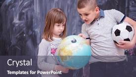  Presentation with childrens - Slide deck having happy childrens boy with soccer ball and little girl learning about the world using globe of earth while standing in front of black chalkboard background and a tawny brown colored foreground