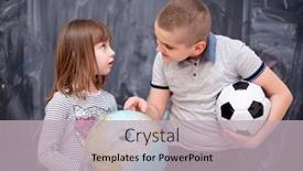 Presentation with childrens - Presentation design consisting of happy childrens boy with soccer ball and little girl learning about the world using globe of earth while standing in front of black chalkboard background and a light gray colored foreground
