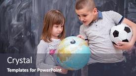  Presentation with childrens - Beautiful PPT theme featuring happy childrens boy with soccer ball and little girl learning about the world using globe of earth while standing in front of black chalkboard backdrop and a dark gray colored foreground