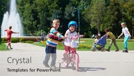  Presentation with childrens - Presentation design featuring happy childrens outdoor brother and sister in park have fun boy and girl in park learning to ride a bike background and a light gray colored foreground
