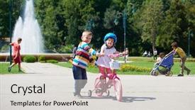  Presentation with childrens - Slide set enhanced with happy childrens outdoor brother and sister in park have fun boy and girl in park learning to ride a bike background and a light gray colored foreground
