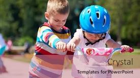 Presentation with childrens - Presentation theme consisting of happy childrens outdoor brother and sister in park have fun boy and girl in park learning to ride a bike background and a coral colored foreground